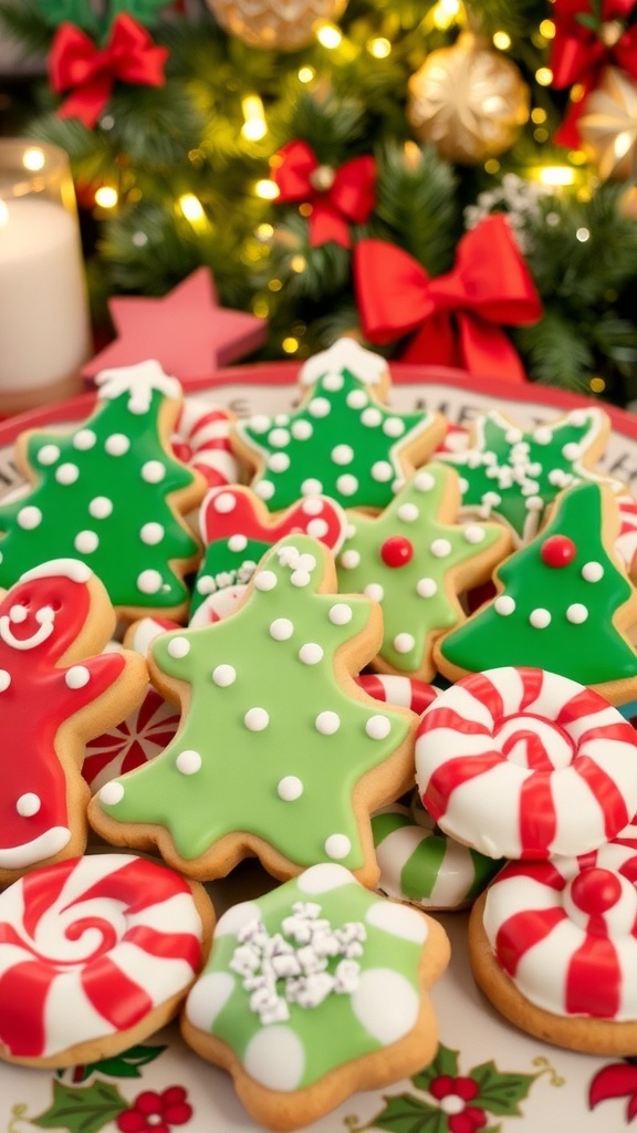 An assortment of Christmas cookies including sugar cookies, gingerbread men, and peppermint cookies on a festive platter.